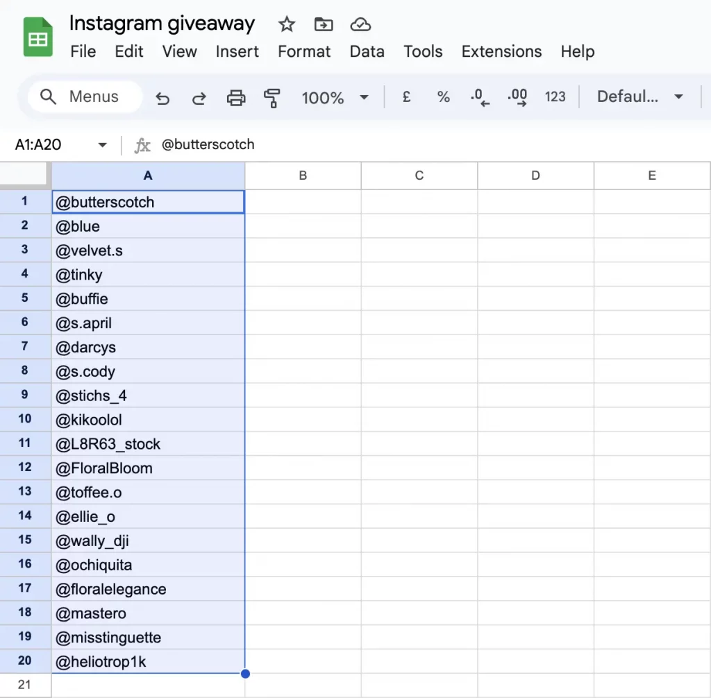 Instagram giveaway Google Sheet participants list