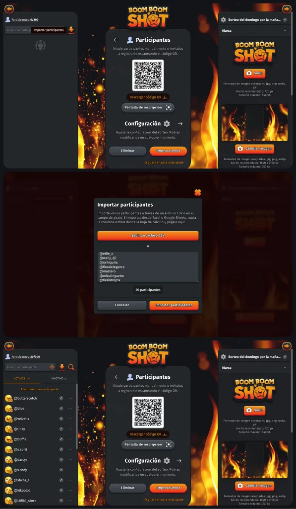 Importar los participantes en la herramienta de sorteo en línea Boom Boom Shot
