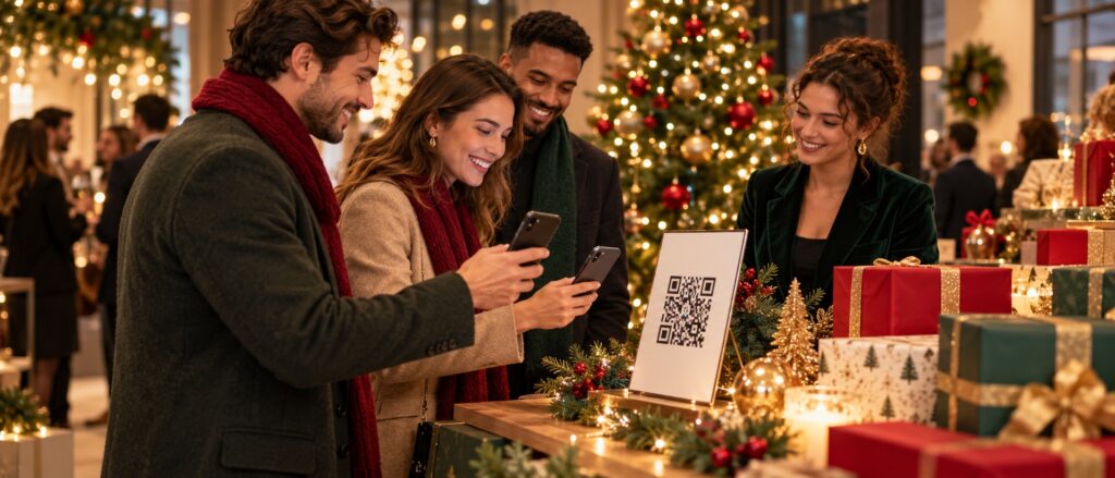 Guests At A Christmas Event Beside Gifts And An Illustrative QR Code