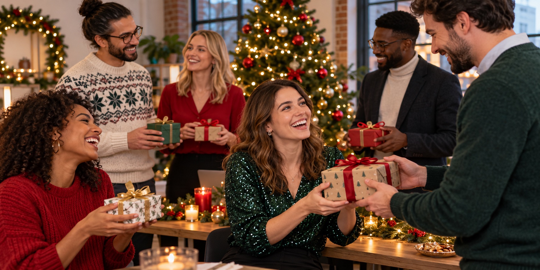 Colleagues exchange gifts at an office Christmas party